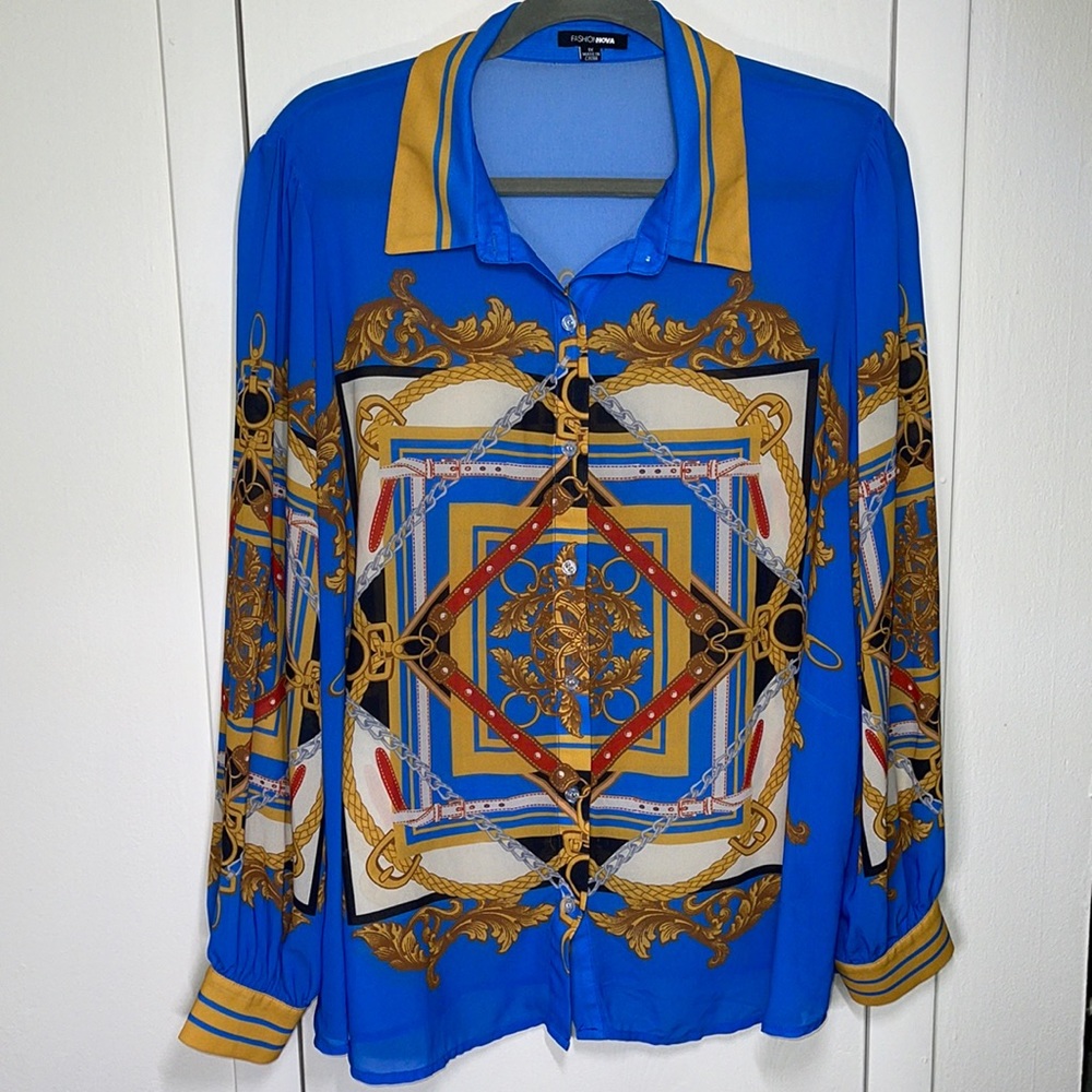 LIKE NEW Fashion Nova Luxury Renaissance  Print Sheer Blouse Blue and Gold